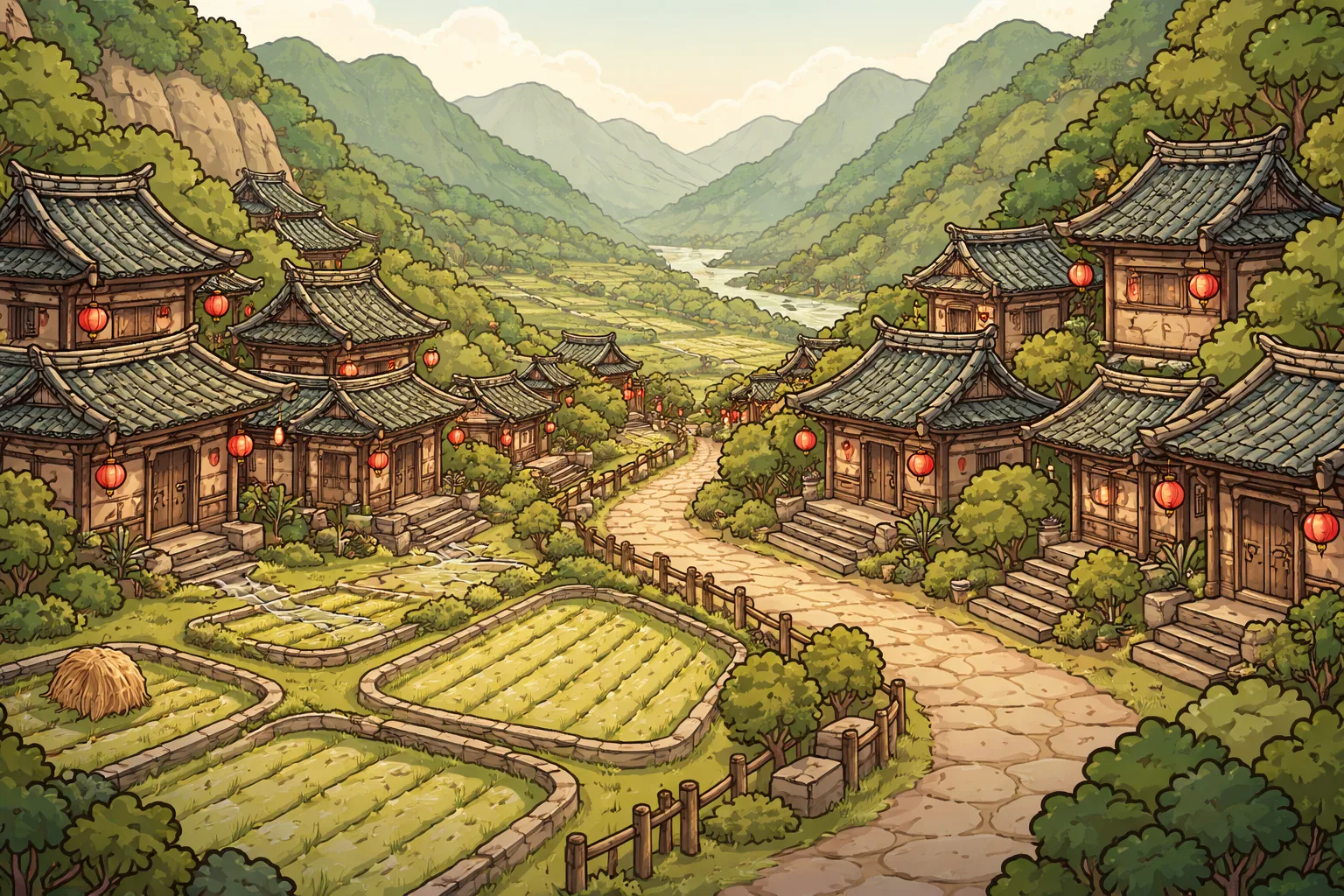 Pixel-art village from the world of Second Language